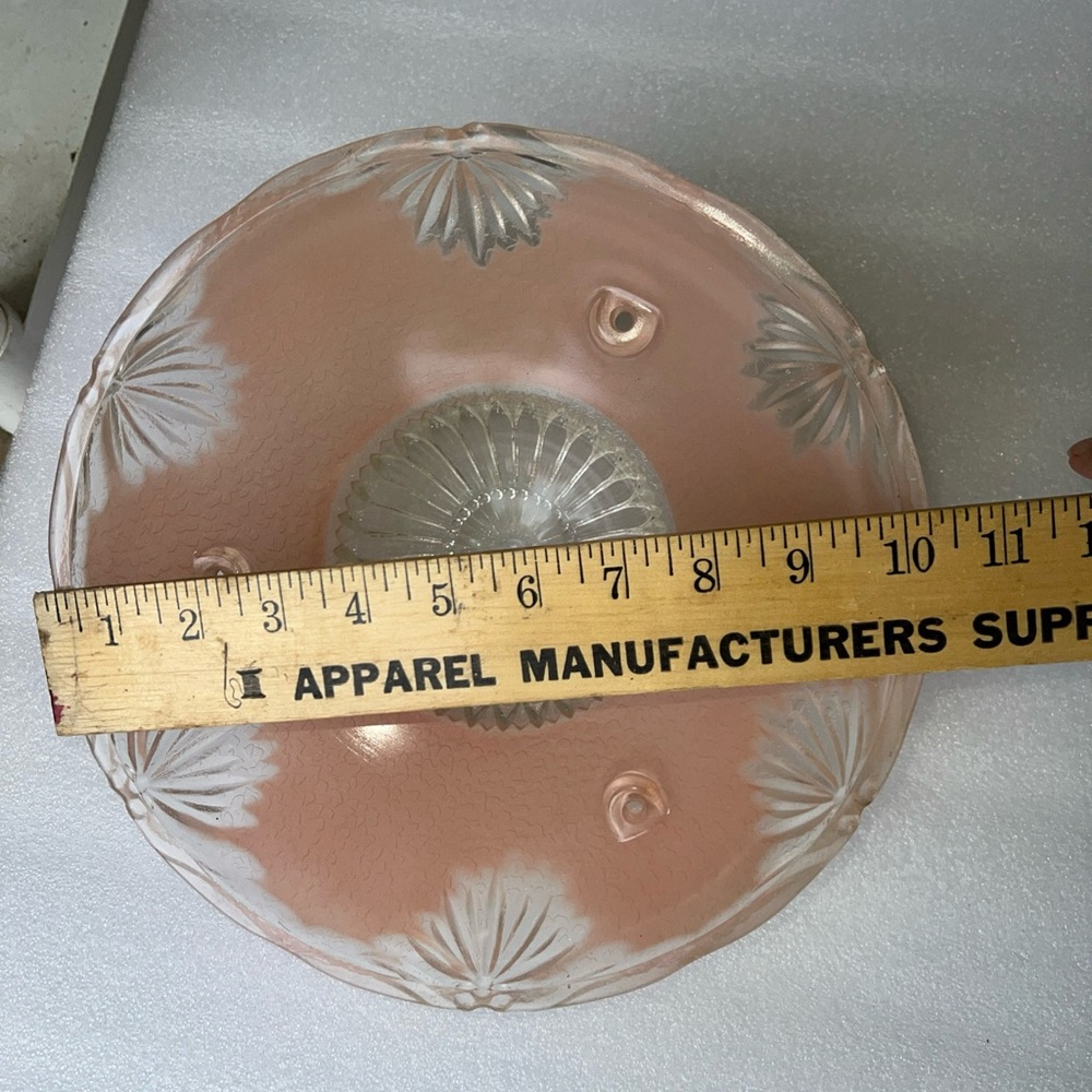 Vintage MCM Pink Frosted Glass 3 Chain Hanging Ceiling Light Shade - Picture 6 of 10